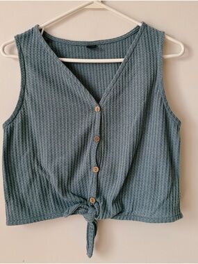 Indie Boho Beachy Summer Slate Blue Waffle Knit Tie-Front Tank Medium